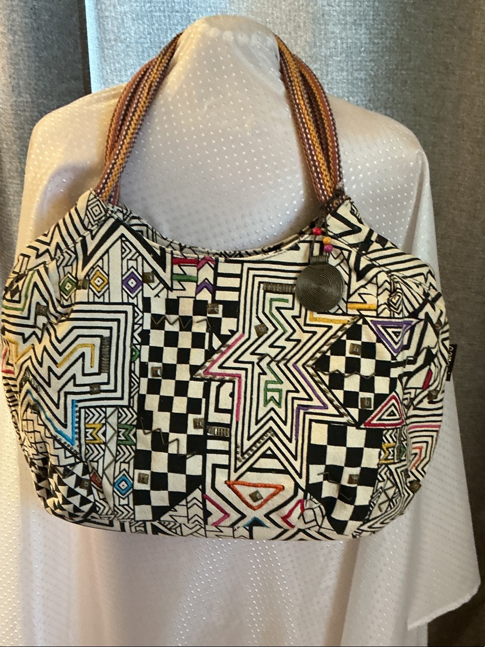 Black & White Geometric Star-Print Shoulder Bag with Multicolor Accents
